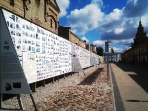 Outdoor exhibition at the Riga KGB Barracks with historical photos