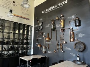 Beer brewing process illustrated on a wall at Mežpils brewery