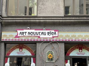 Art Nouveau Riga museum entrance with Jugendstila Paviljons sign