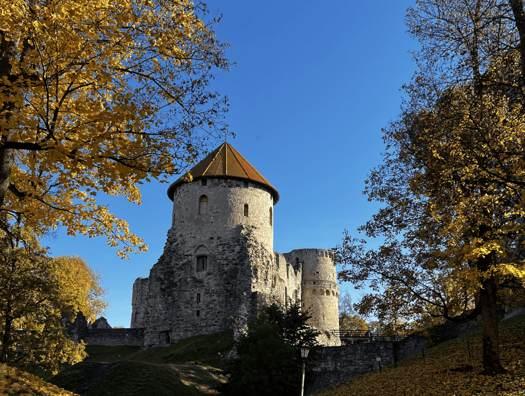 Medieval Cēsis Castle with autumn leaves and blue sky