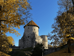Medieval Cēsis Castle with autumn leaves and blue sky