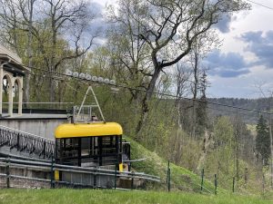 Yellow cable car parked at the station surrounded by spring forest.