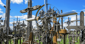 Detail of large wooden and metal crosses at the Hill of Crosses in Latvia