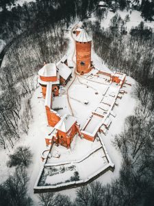 Turaida Castle covered in snow during winter in Latvia